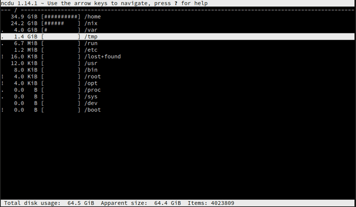 a terminal window showing the root of a linux tree with file sizes of each directory