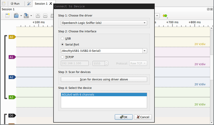 a selection dialog selecting arduino in pulseview